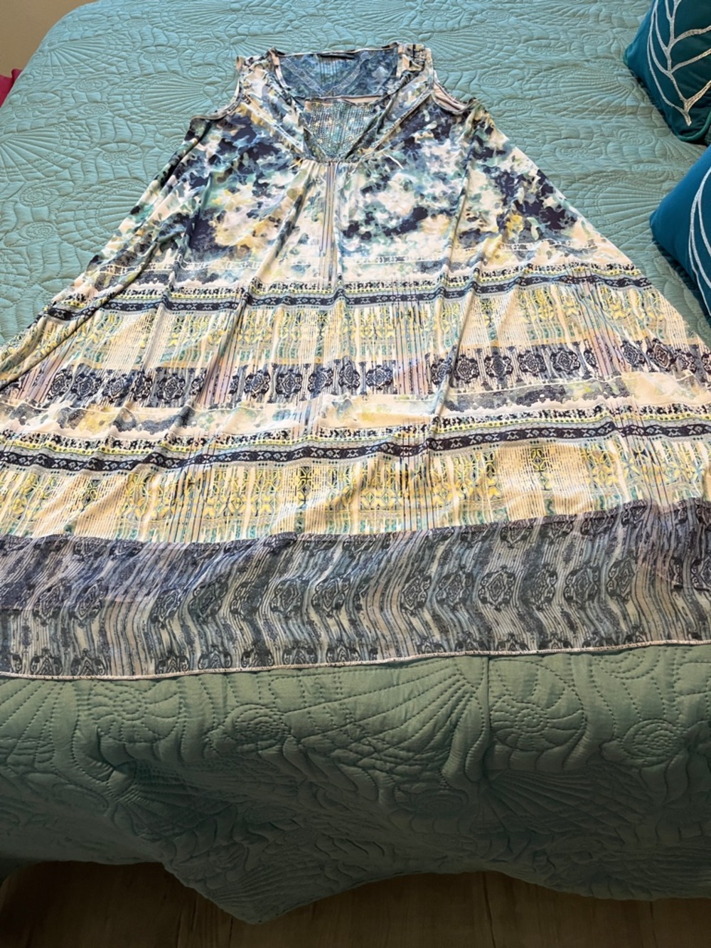 Style & Co. Sleeveless Maxi Dress in Blue and White Yellow Floral Stripe Print